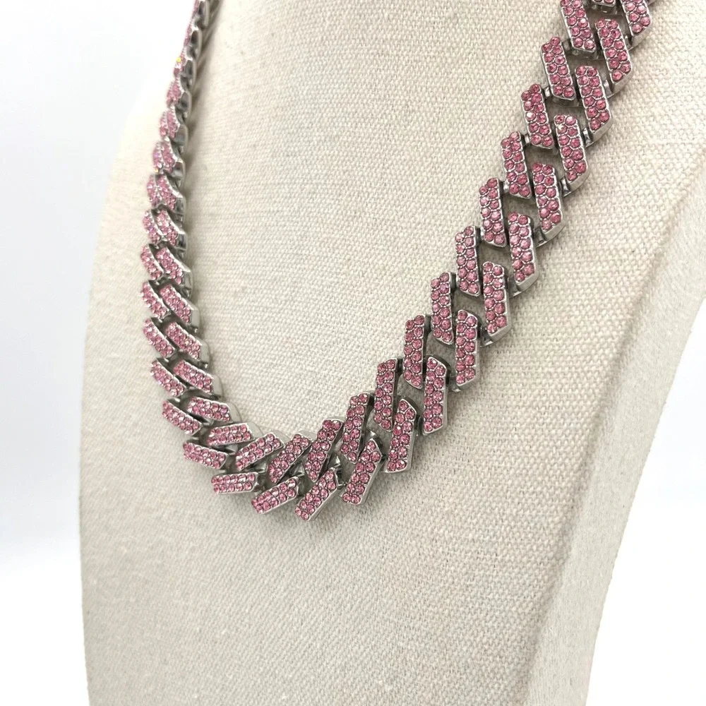 Invicta Pink Crystal Iced Out Cuban Link Chain Necklace Silver Tone 22 Inch‎